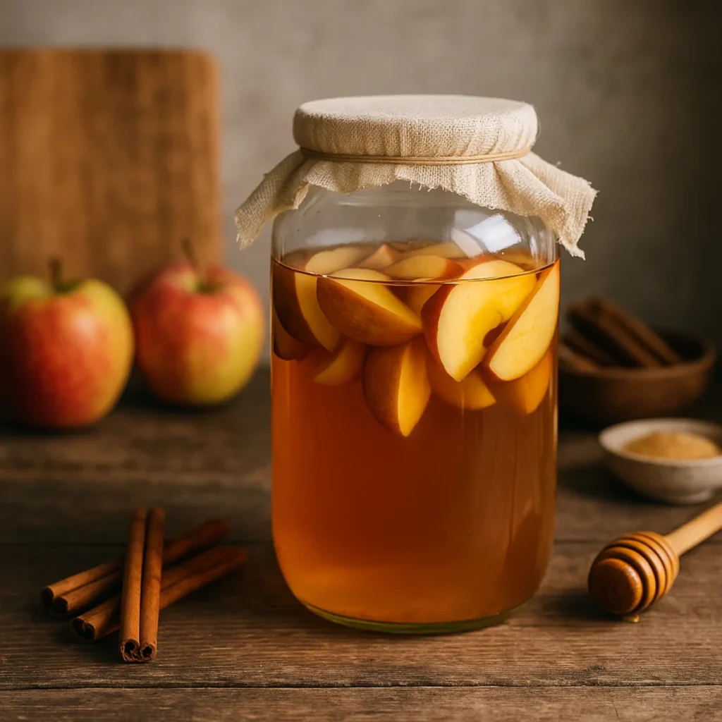 Domowy ocet jabłkowy w dużym szklanym słoju; w środku kawałki jabłek, w tle jabłka i kuchenny blat.