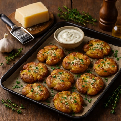 Gniecione ziemniaki z parmezanem na blasze, posypane natką; w tle parmezan, czosnek, oliwa i miseczka dipu.