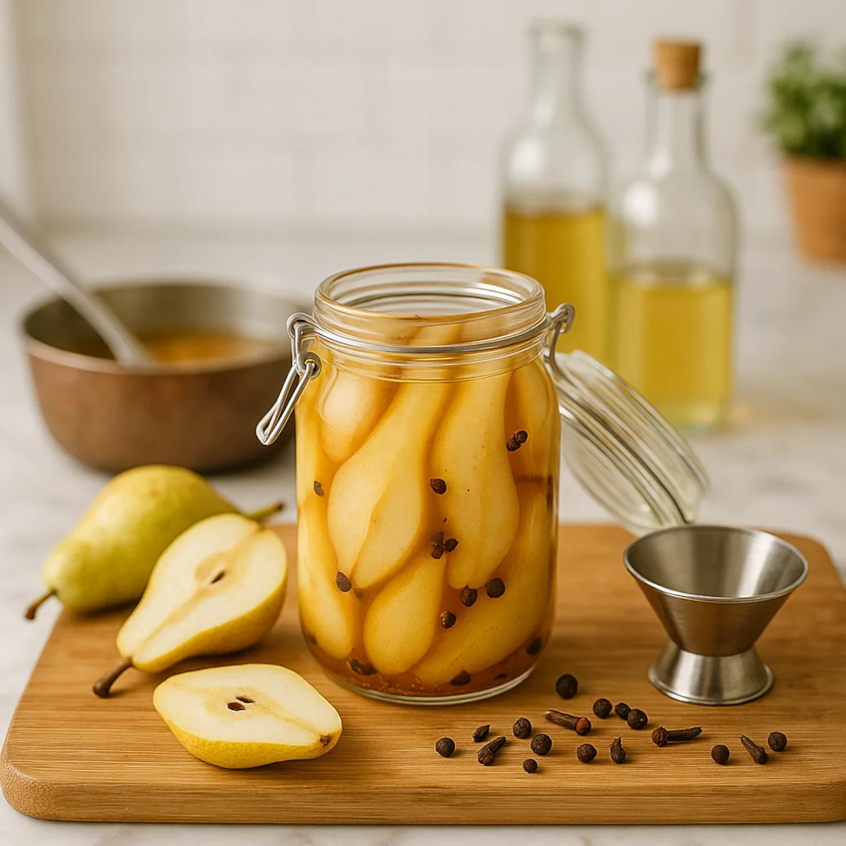 Gruszki w occie w szklanych słoikach; połówki gruszek w klarownej zalewie z cynamonem i goździkami, na drewnianej desce, w tle kuchenne akcesoria.