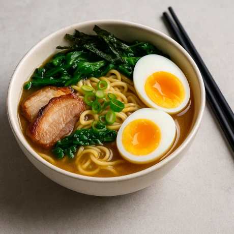 Domowy miso ramen w misce z makaronem, jajkiem i świeżymi dodatkami