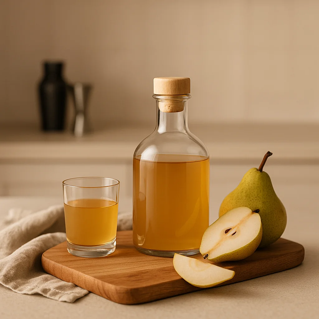 Nalewka gruszkowa babci w szklanej butelce i kieliszku na desce; obok świeże gruszki i plasterki, ciepłe, nowoczesne tło kuchni.