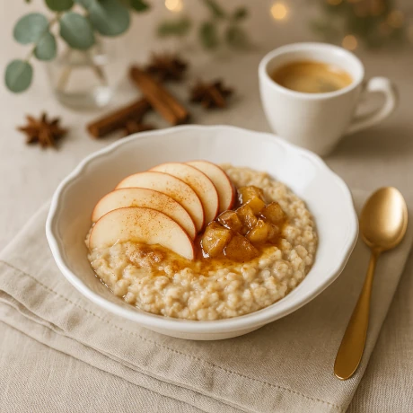 Owsianka z jabłkiem i cynamonem w ceramicznej misce; na wierzchu karmelizowane jabłka, plasterki jabłka, orzechy i miód; w tle jabłka, słoiczek cynamonu i kubek herbaty