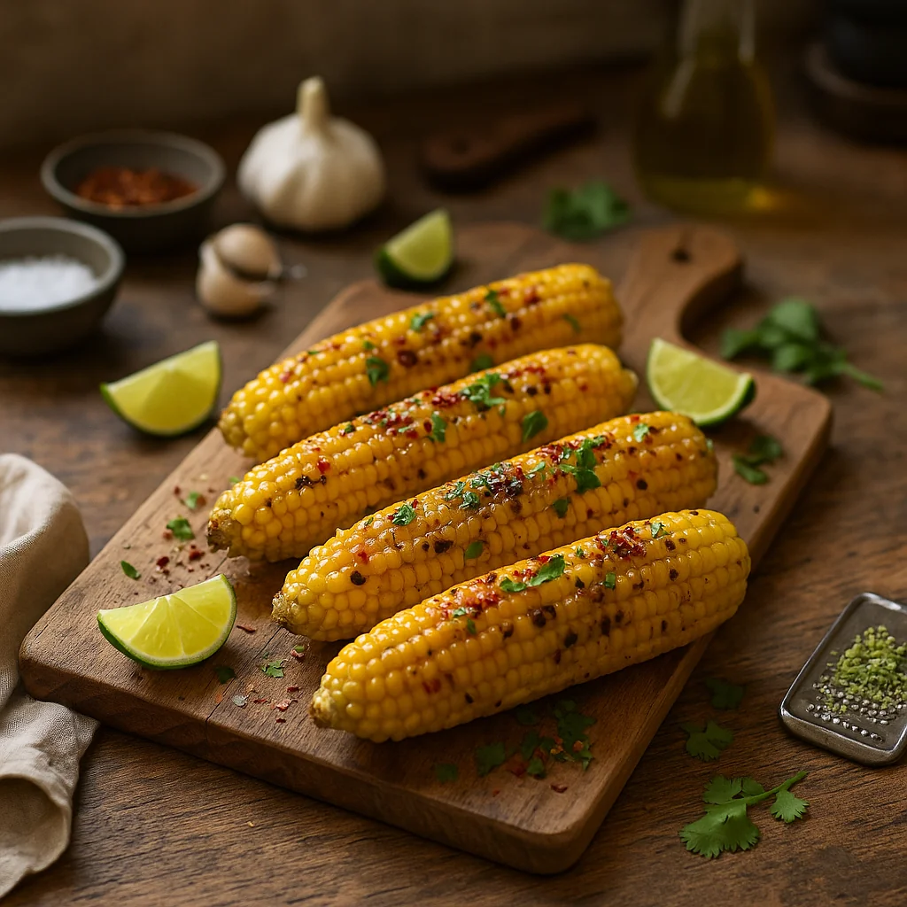 Pieczona kukurydza z chili, czosnkiem i limonką na blasze; w tle deska, ściereczka, ćwiartki limonki, zioła i ząbki czosnku – naturalny domowy kadr.