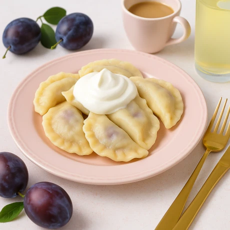 Pierogi ze śliwkami podane na eleganckim talerzu z bitą śmietaną i świeżymi owocami w tle