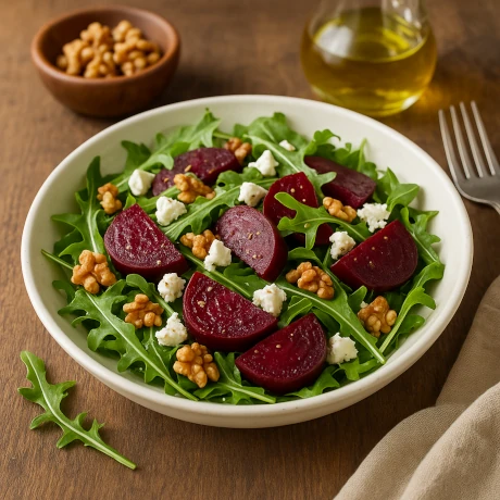 Sałatka z burakiem i rukolą podana w misce z serem feta i orzechami, udekorowana w jesiennym stylu