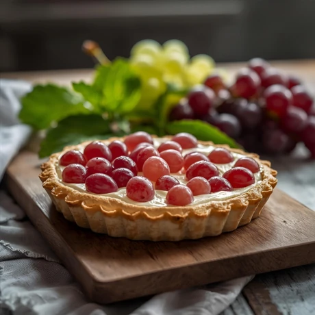 Tarta z winogronami i mascarpone na kruchym spodzie, ujęcie z bliska na drewnianej desce, różowe i czerwone winogrona
