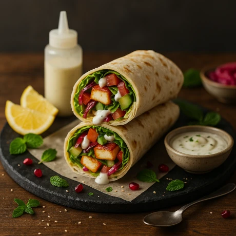 Zwinięty wrap z grillowanym serem halloumi, przekrojony na pół; w środku sałata, ogórek, pomidor i sos jogurtowy; obok miseczka sosu, plaster cytryny i świeże zioła