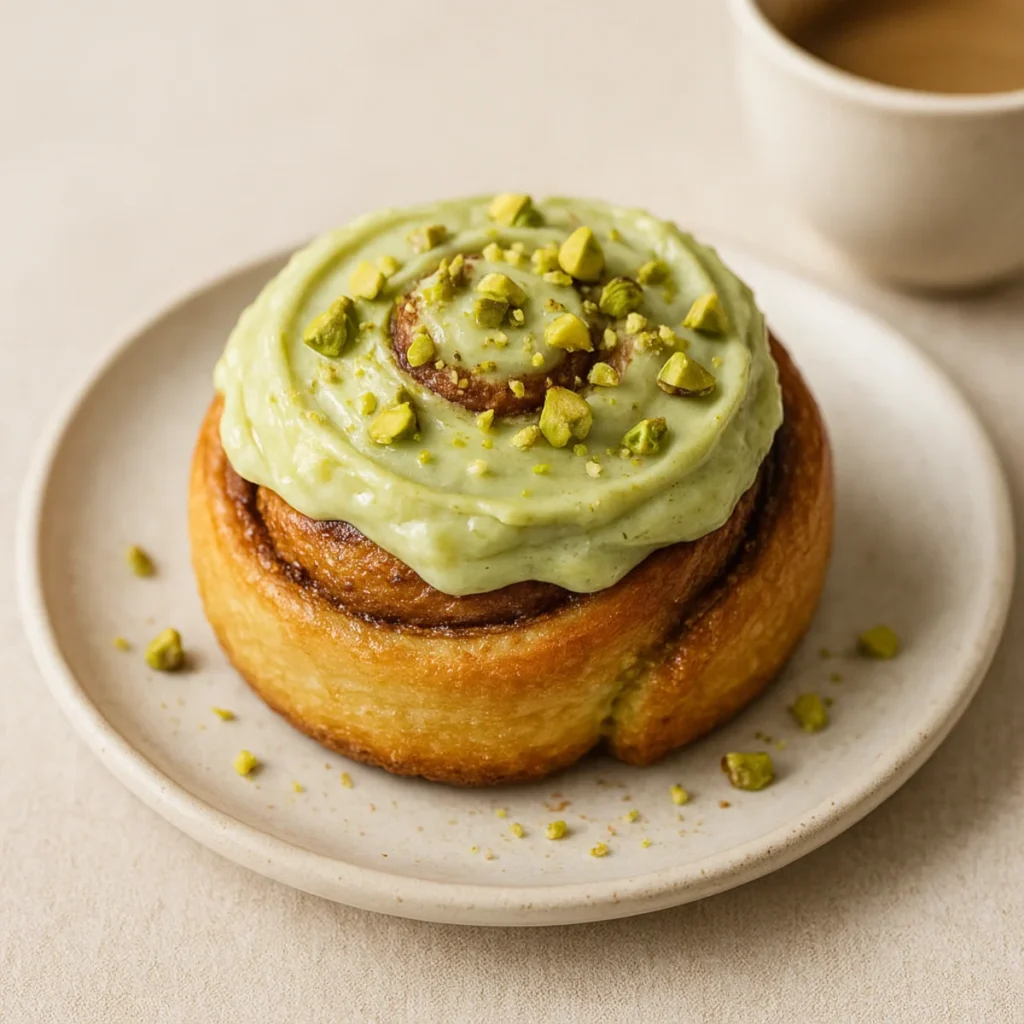 Cynamonka z pistacjami na talerzyku, z kremem serkowo-pistacjowym i kruszoną posypką.