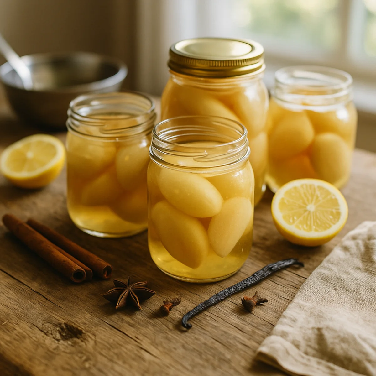 Słoiki z gruszkami w syropie na drewnianym blacie; obok laska wanilii, cynamon, anyż, goździki i połówka cytryny.