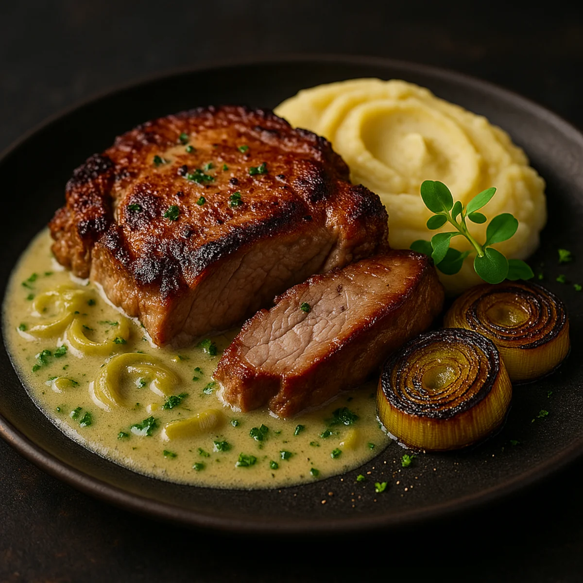 Soczysta karkówka z porami w kremowym sosie, na talerzu z puree ziemniaczanym i grillowanym porem.