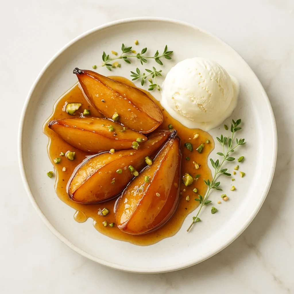 Deser z karmelizowanymi gruszkami i lodami waniliowymi, polany sosem karmelowym, z pistacjami i listkami mięty.