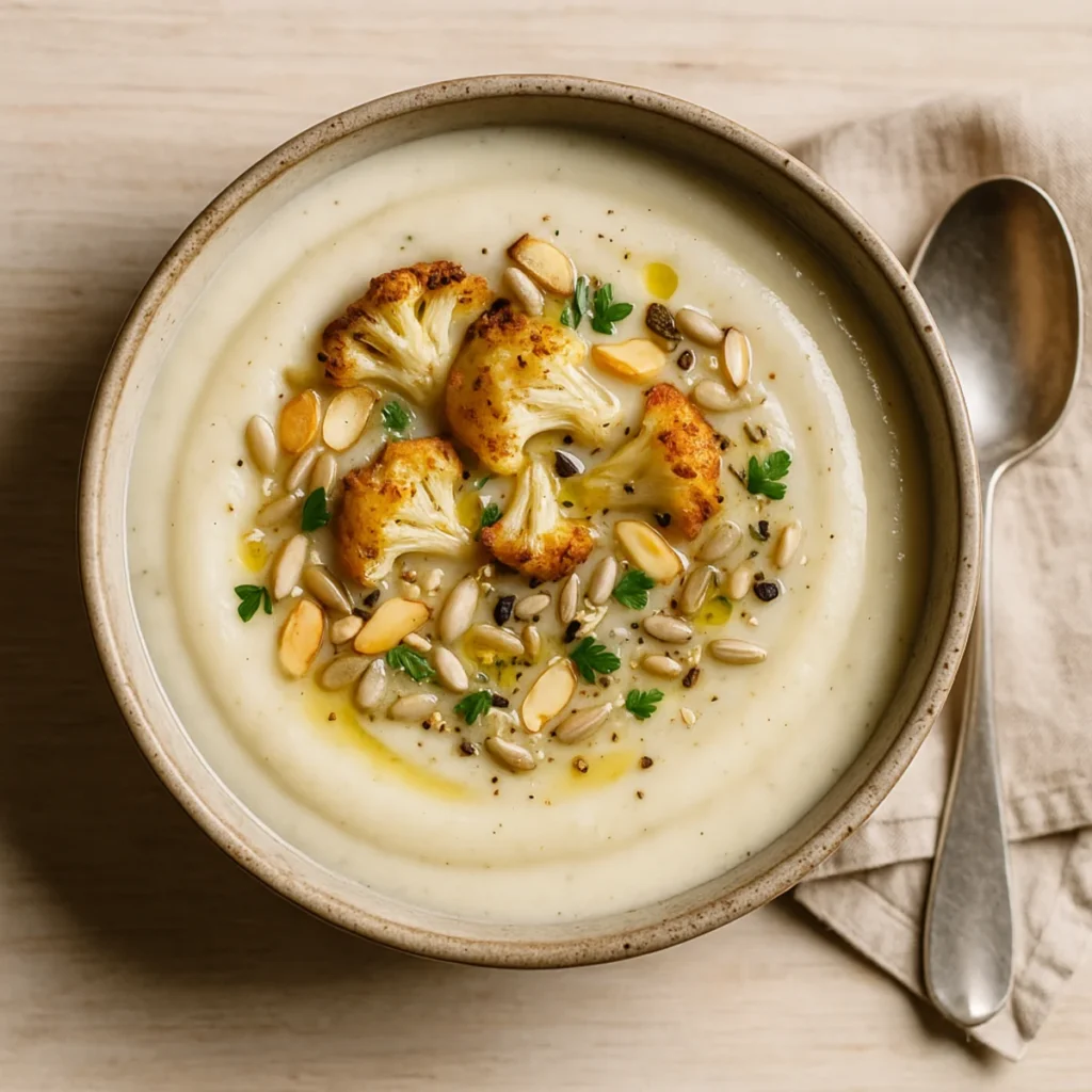 Miska kremu z białych warzyw z pieczonymi różyczkami kalafiora, płatkami migdałów, ziarnami słonecznika, natką i oliwą.