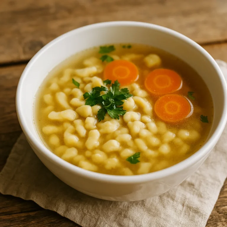 Lane kluski w misce gorącego rosołu; delikatne nitki makaronu lanego, złoty bulion i odrobina natki.