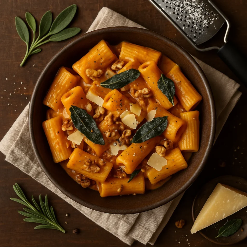Makaron rigatoni w kremowym sosie dyniowym z listkami szałwii, orzechami włoskimi i płatkami parmezanu.