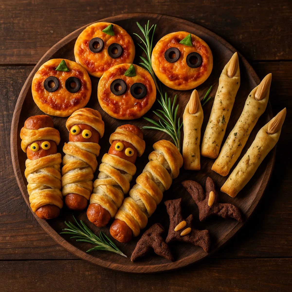 Wytrawne przekąski na Halloween: mumie z parówek w cieście, paluchy wiedźmy z migdałowymi pazurami, mini pizze dynie z oliwkami oraz ciasteczka nietoperze na drewnianym talerzu.