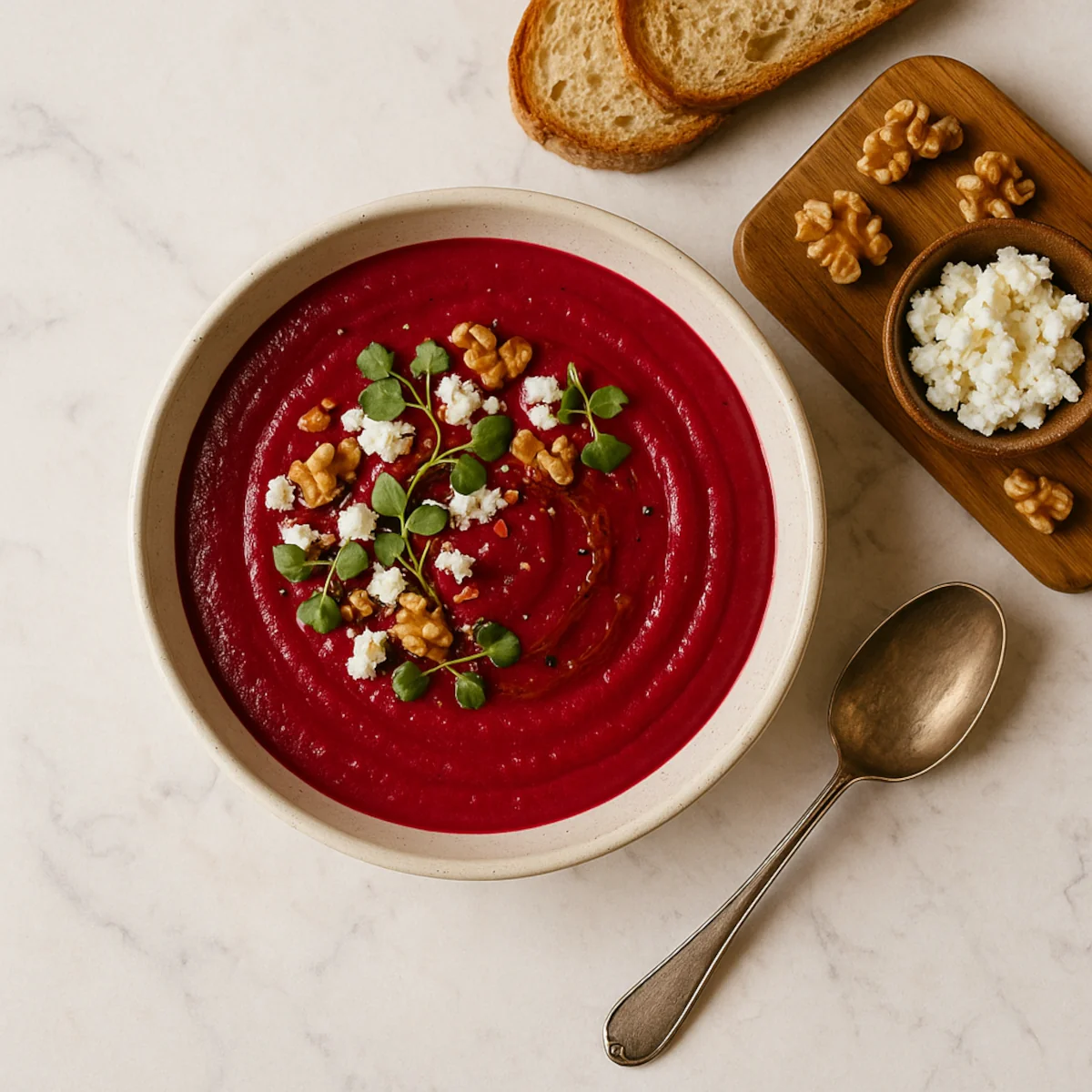 Miska kremu z buraków ze spiralą śmietany i orzechami.