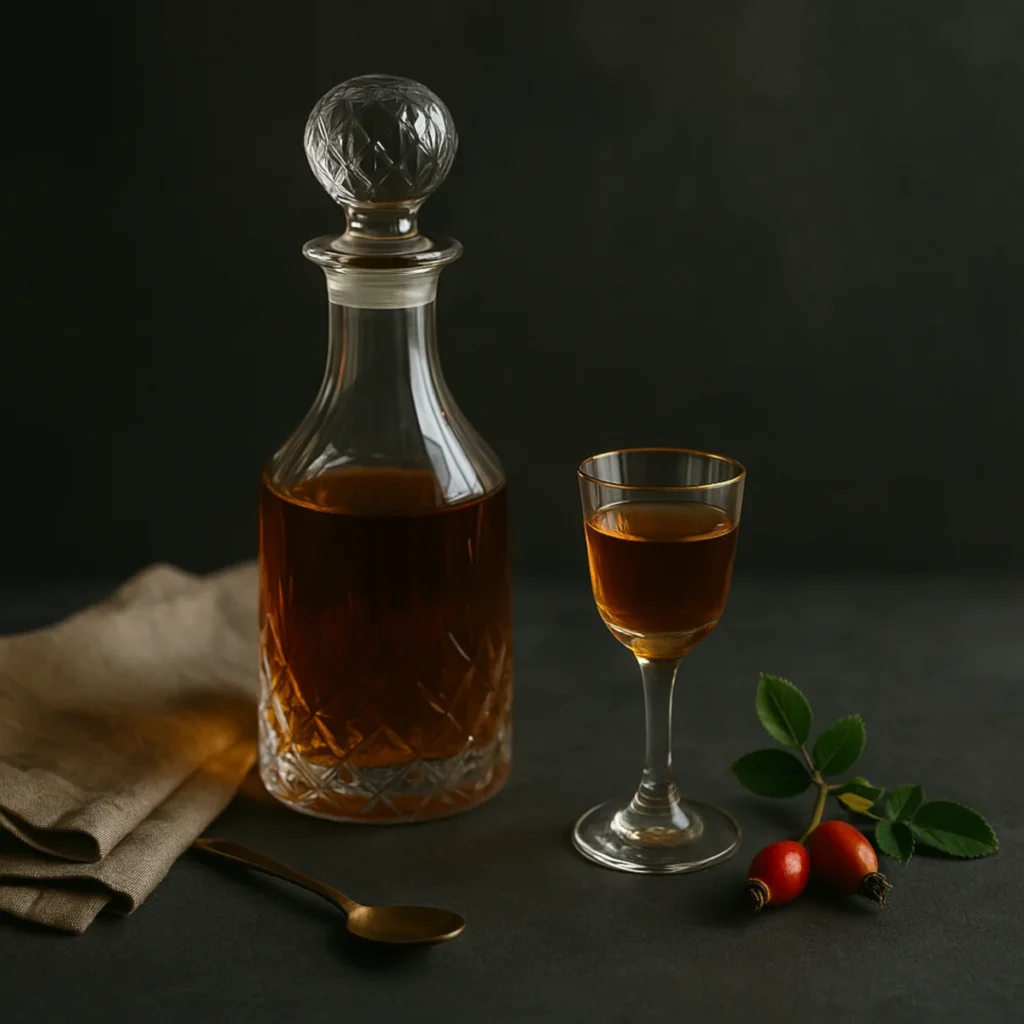 Kryształowa karafka i kieliszek nalewki z dzikiej róży na ciemnym tle; obok gałązka owoców.