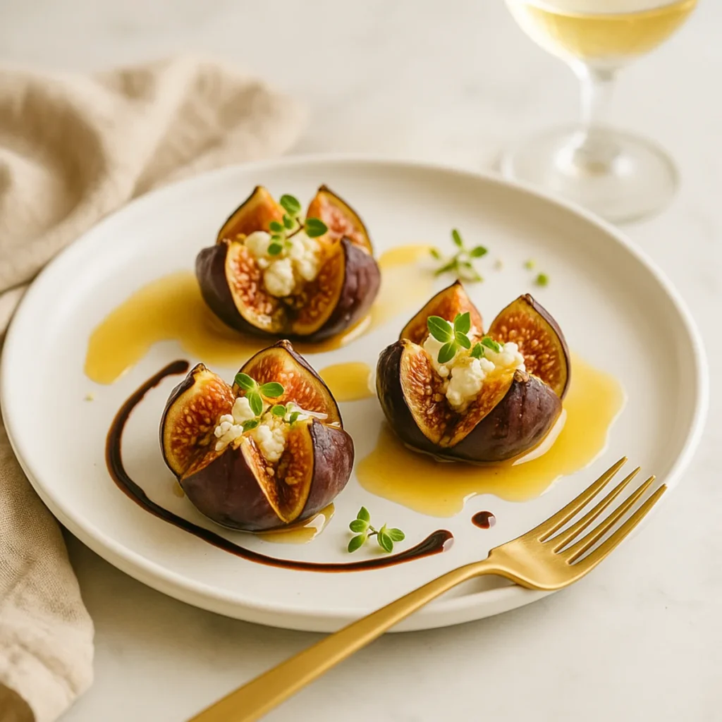 Pieczone figi nacięte na krzyż z kozim serem i miodem, podane z pistacjami i tymiankiem.