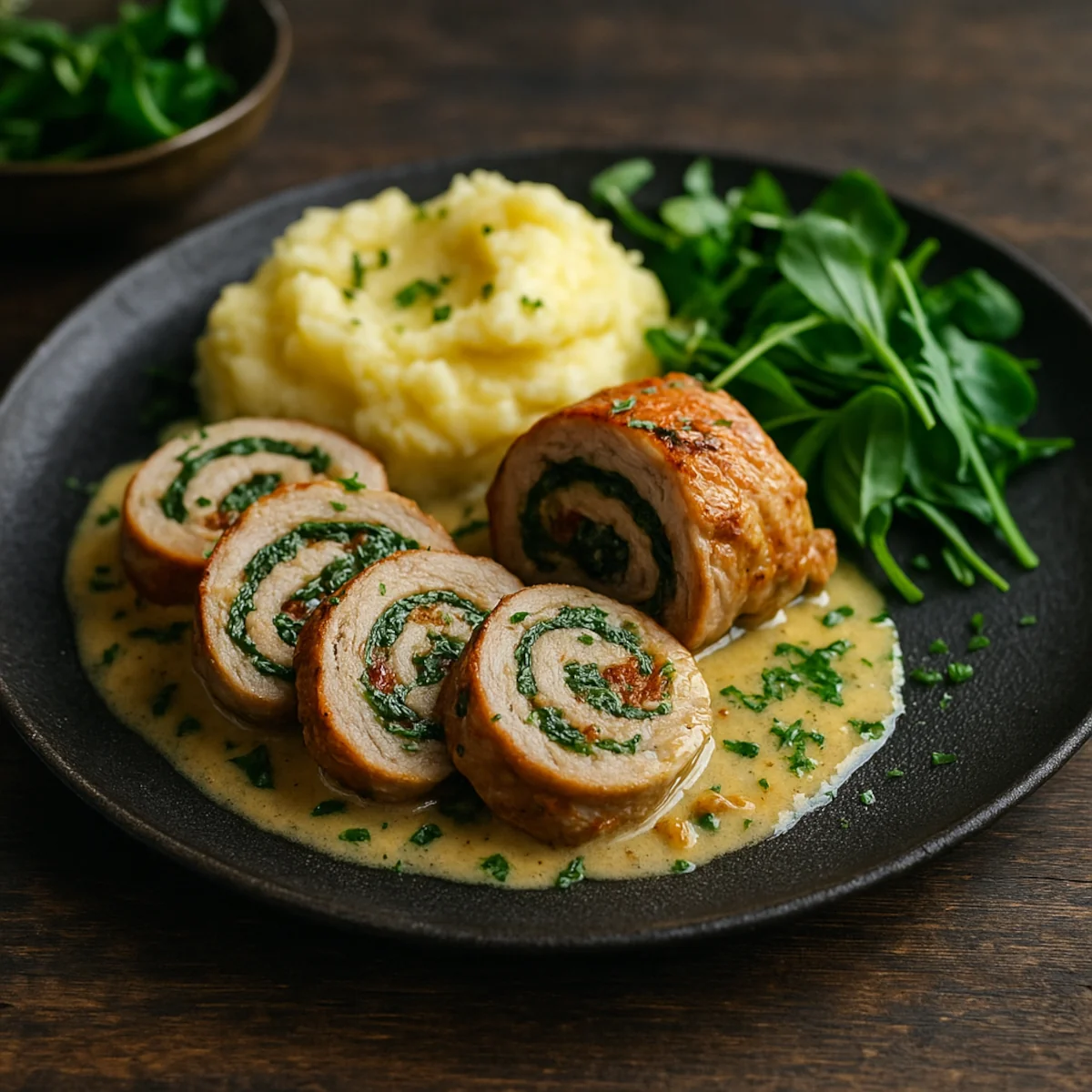 Roladki schabowe ze szpinakiem i suszonymi pomidorami pokrojone w plastry, podane na czarnym talerzu z puree ziemniaczanym i zielonymi liśćmi