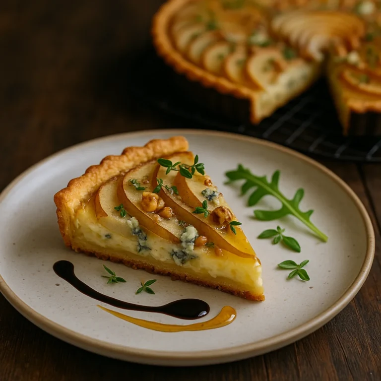 Zdjęcie pojedynczego trójkątnego kawałka tarty z gruszką i serem pleśniowym na talerzu; obok kilka okruszków sera, orzechy i gałązka tymianku.