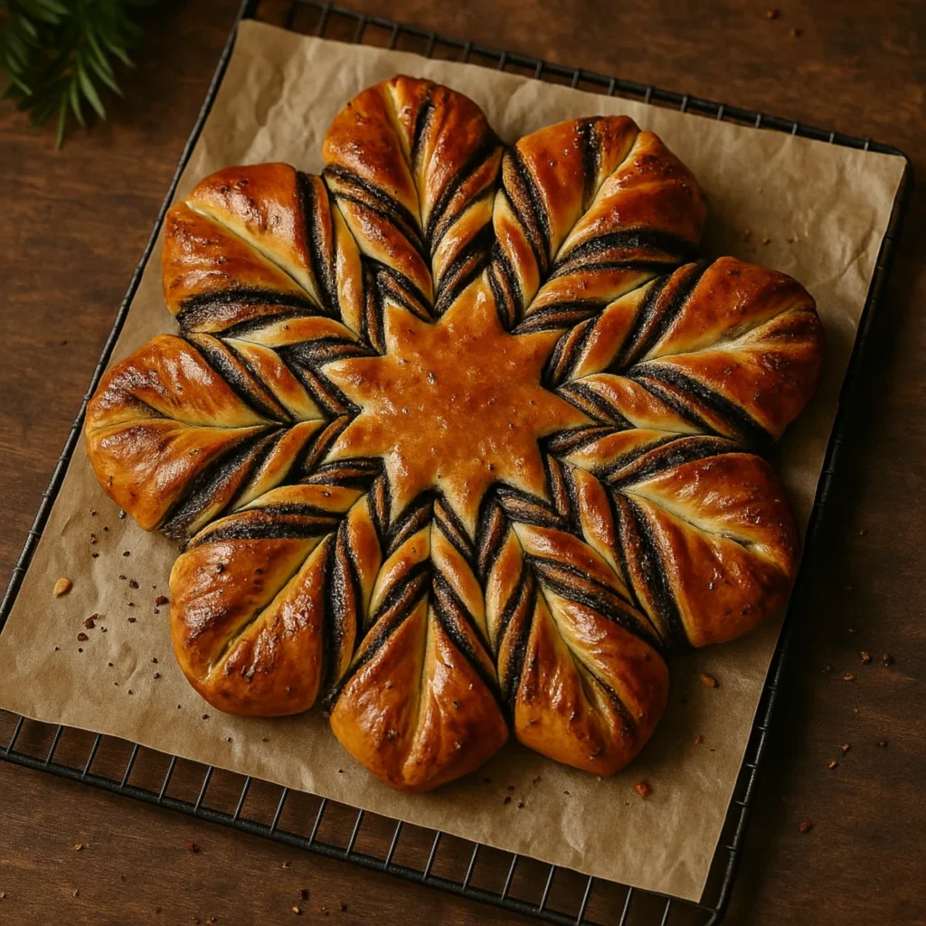 Złocista gwiazda makowa z błyszczącą glazurą, leżąca na kratce do studzenia na papierze; widok z góry