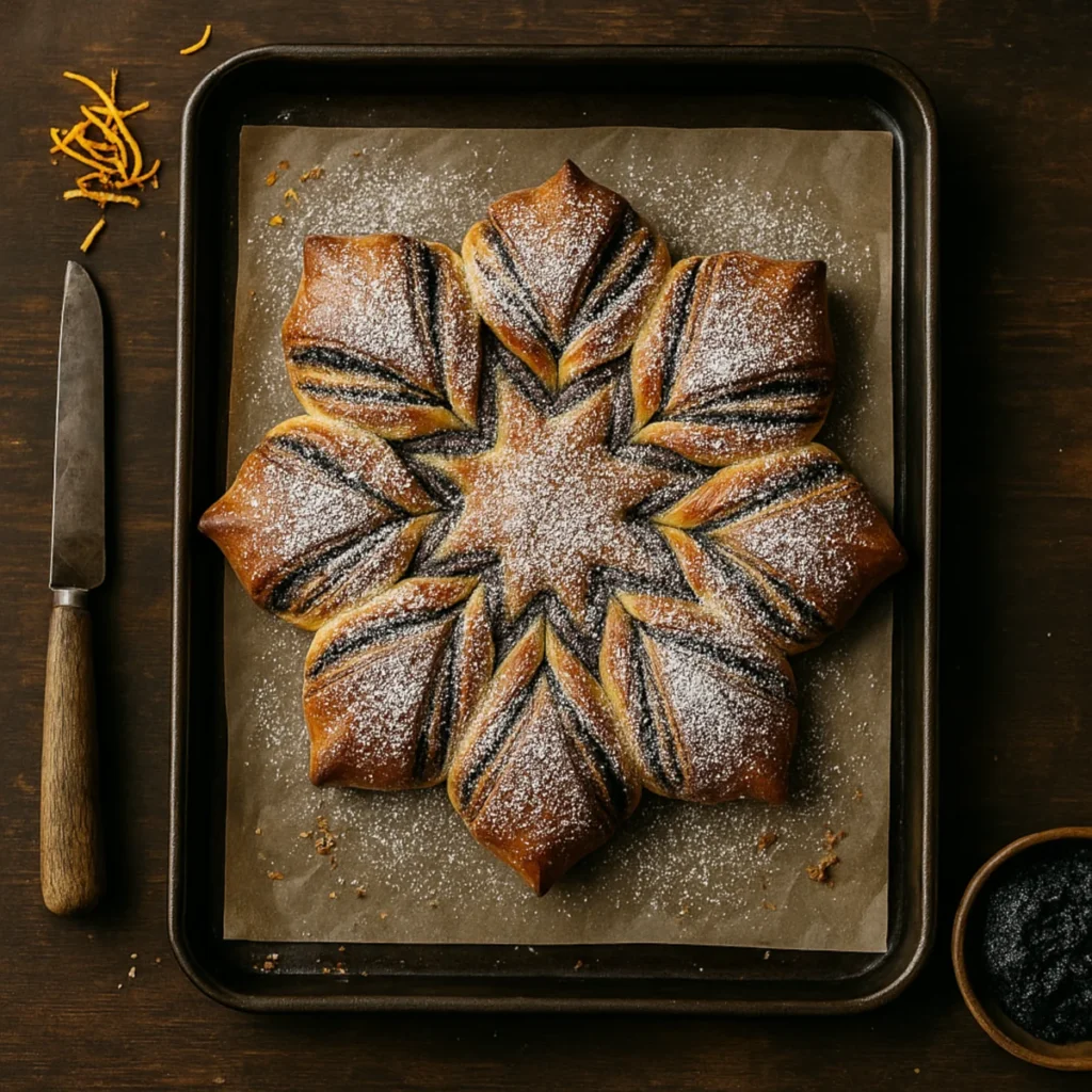 Świeżo upieczona gwiazda makowa na blasze, oprószona cukrem pudrem; widok z góry, obok nóż, skórka pomarańczy i miseczka z makiem