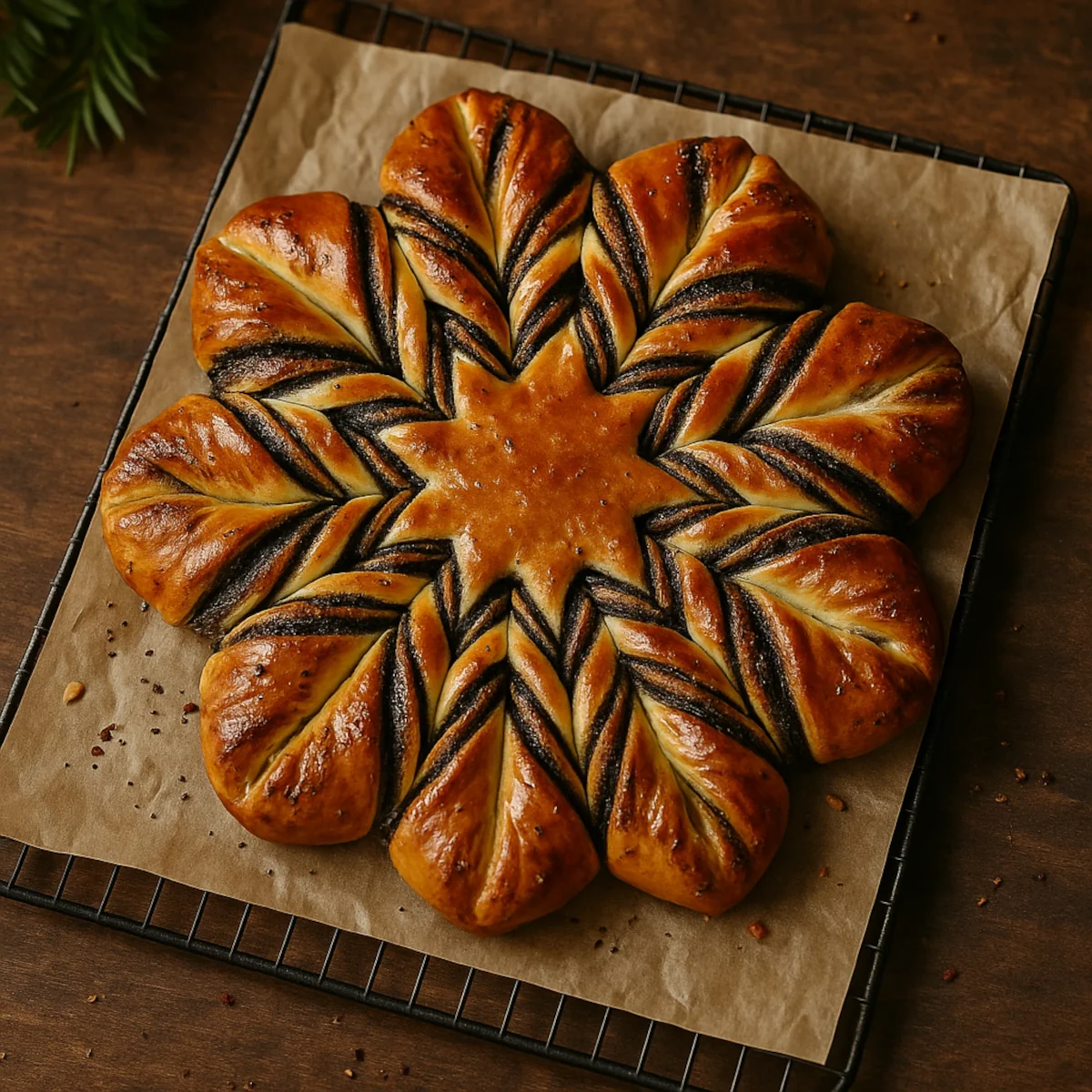 Złocista gwiazda makowa z błyszczącą glazurą, leżąca na kratce do studzenia na papierze; widok z góry