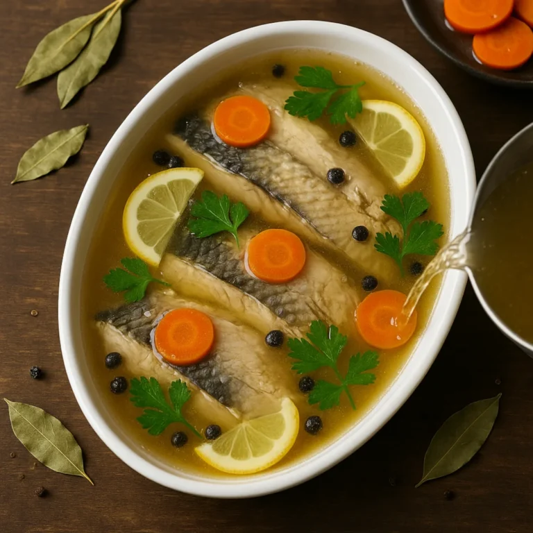 Karp w galarecie w szklanym naczyniu, klarowny wywar, warzywa i zioła