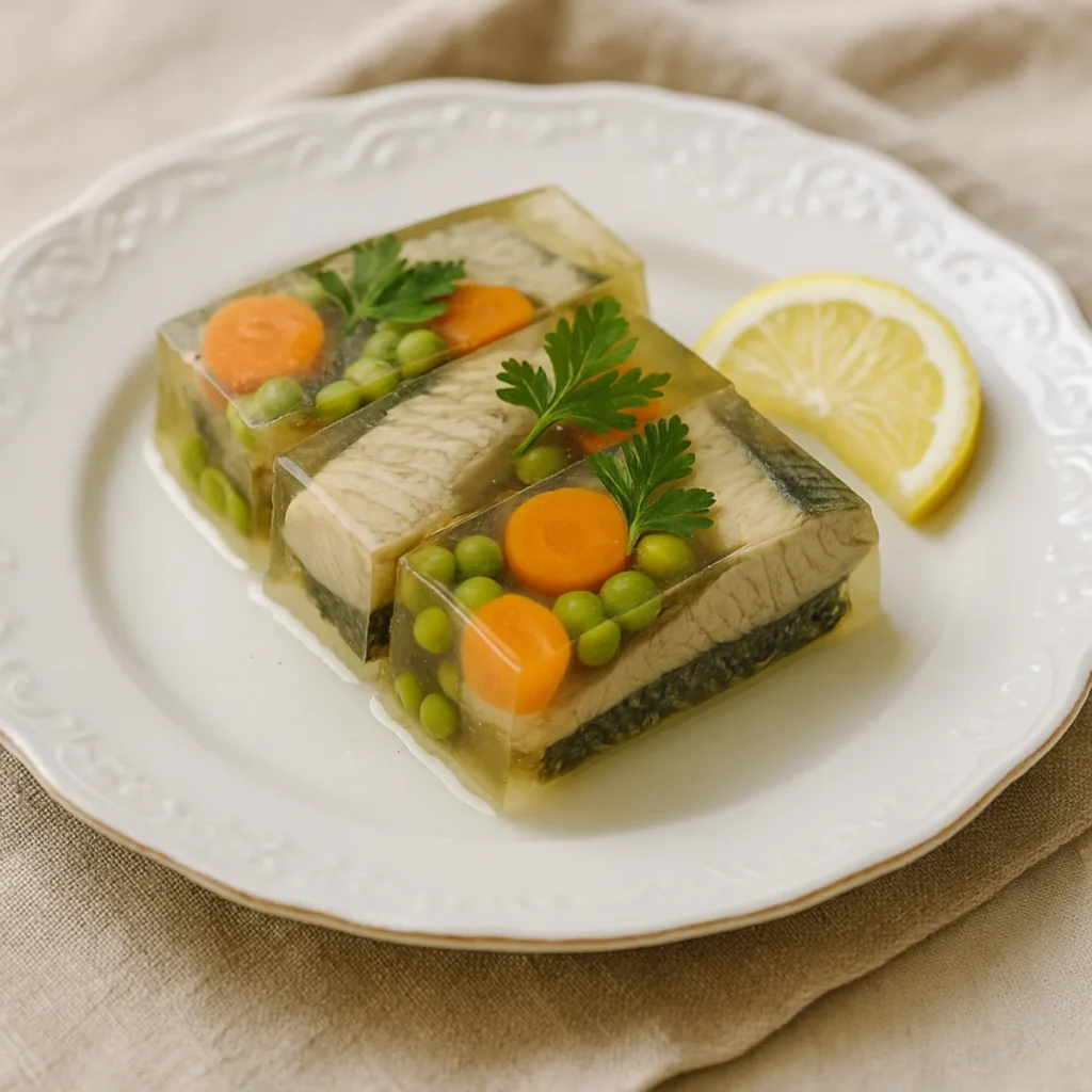 Karp w galarecie w plastrach na półmisku z cytryną, marchewką i natką, klarowna żelatyna