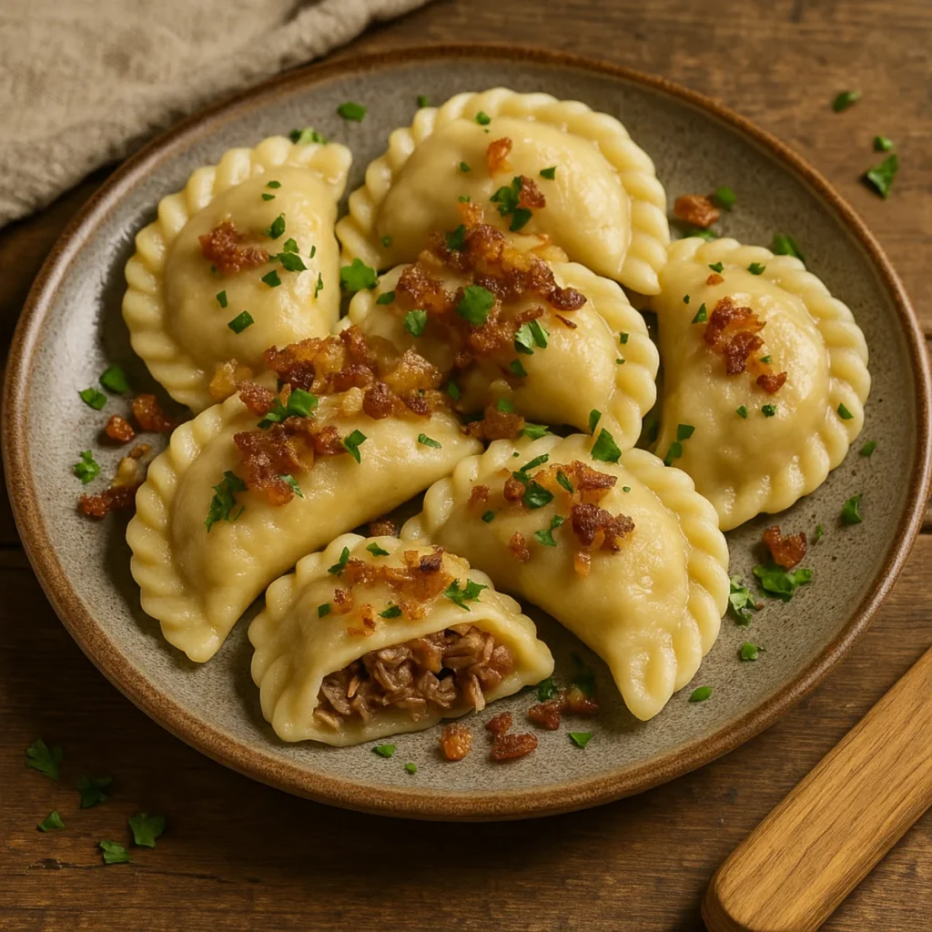 Pierogi z kaczką na talerzu, złociste z karmelizowaną cebulką i natką pietruszki.