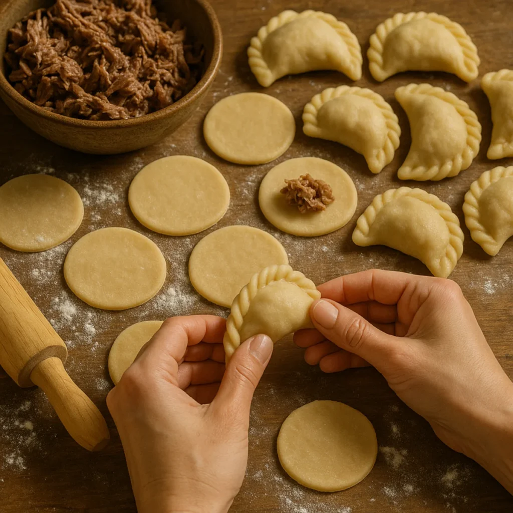 Lepienie pierogów z kaczką na stolnicy.