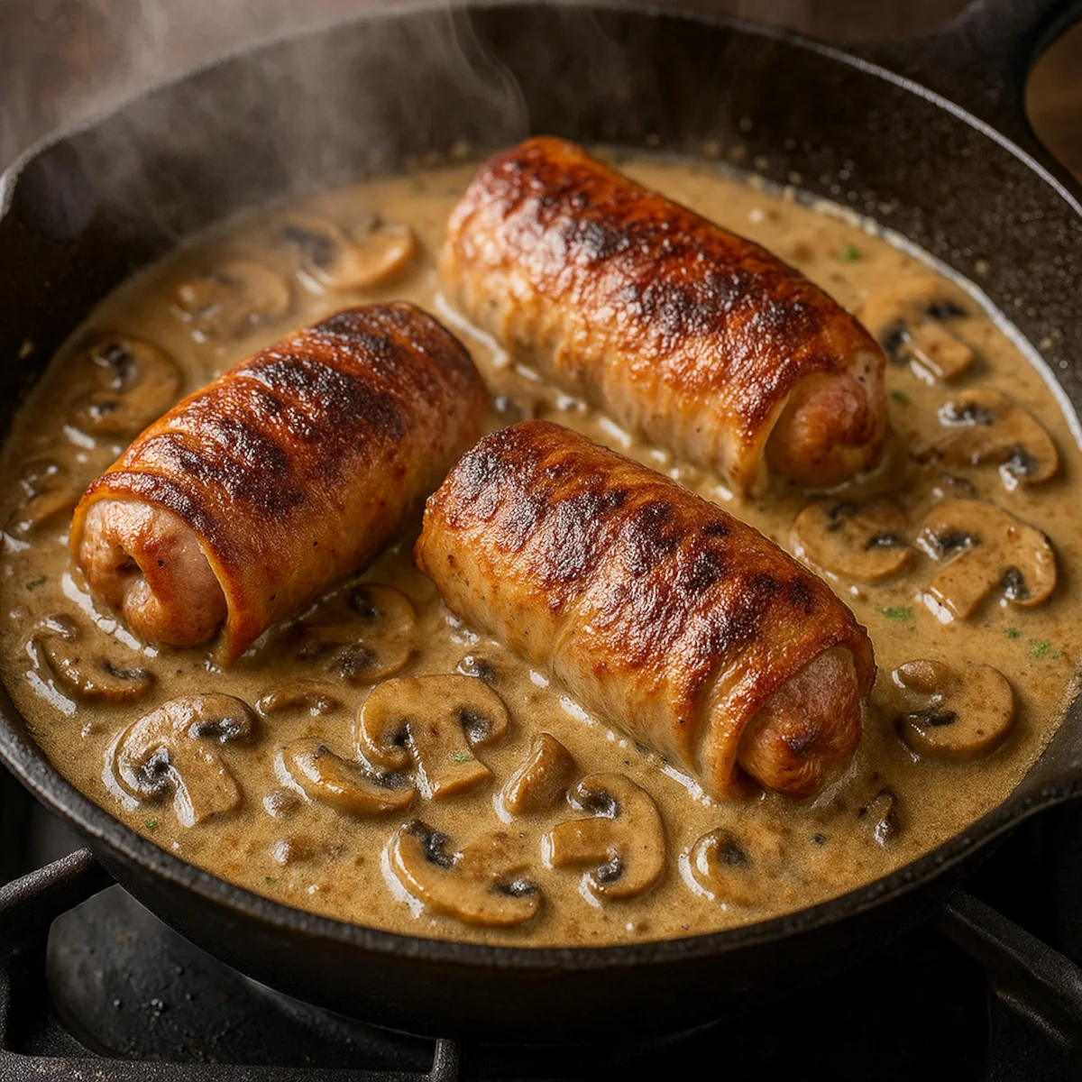 Roladki z szynki duszone w sosie grzybowym na żeliwnej patelni