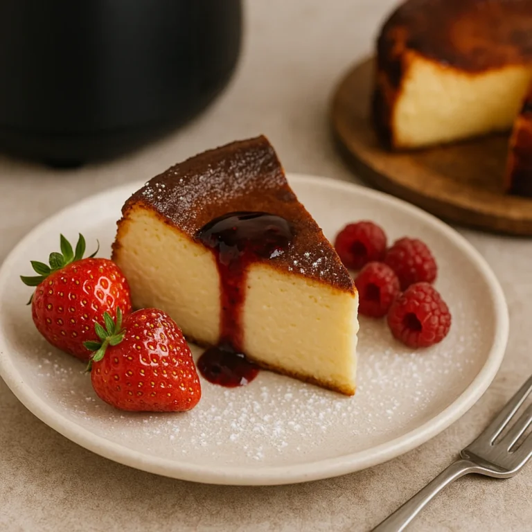 Kawałek sernika baskijskiego z airfryera na talerzu z widocznym kremowym środkiem