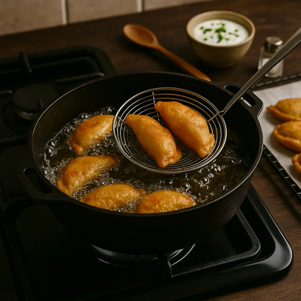Smażone pierogi z serem i ziemniakami w głębokim oleju – garnek na palniku, cedzak wyjmuje złote pierogi, widoczne pęcherzyki na powierzchni.