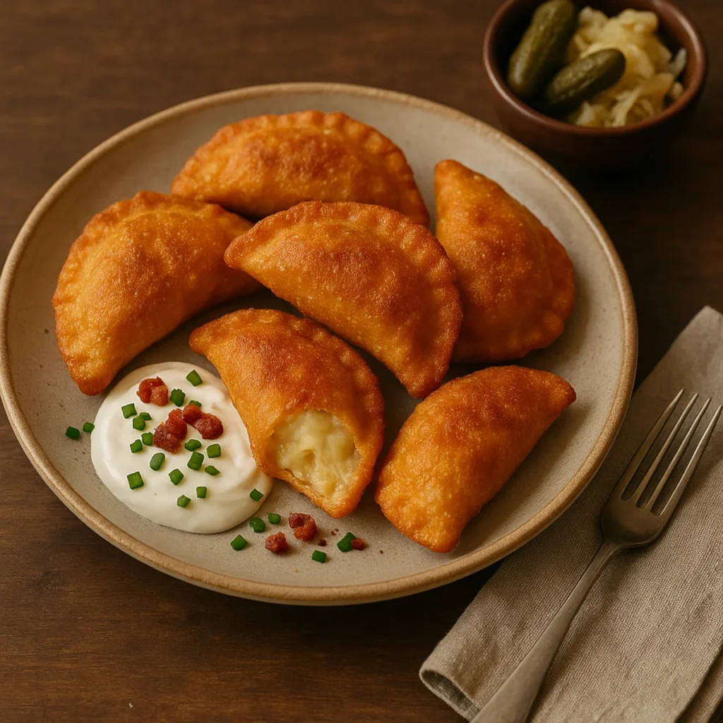 Złote, głęboko smażone pierogi z serem i ziemniakami na talerzu z kleksem śmietany i szczypiorkiem, obok miseczka z okrasą.