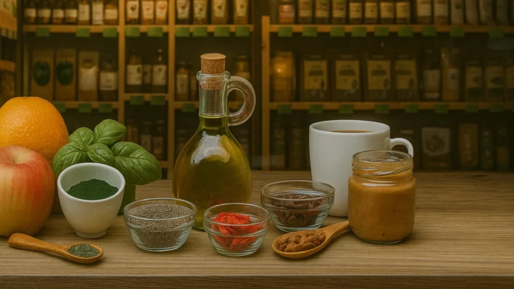 Zdrowa żywność i superfoods – olej, owoce, nasiona, zioła i napój na drewnianym blacie w sklepie zielarskim