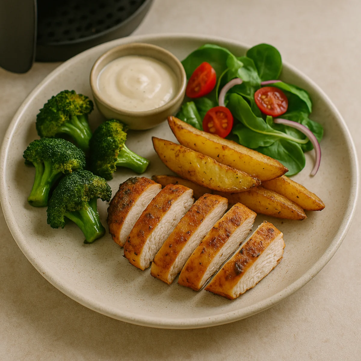 Pokrojona pierś z kurczaka z airfryera, pieczone ziemniaki, brokuły i sałatka z pomidorkami – szybka kolacja z airfryera na jednym talerzu.