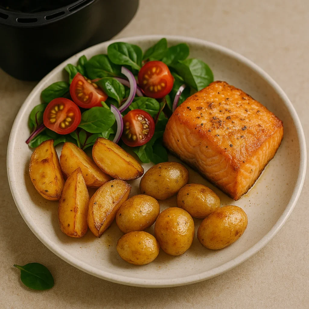 Łosoś z airfryera z młodymi ziemniakami i kolorową sałatką z pomidorkami – lekka kolacja z airfryera na talerzu.