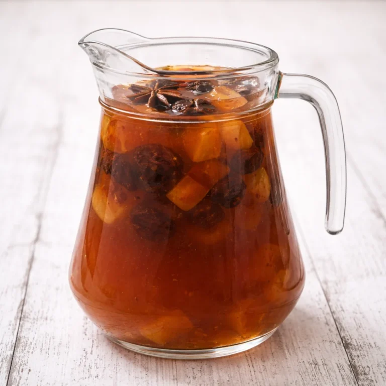 Kompot wigilijny z suszu w dużym szklanym dzbanku do nalewania, domowy napój na Wigilię