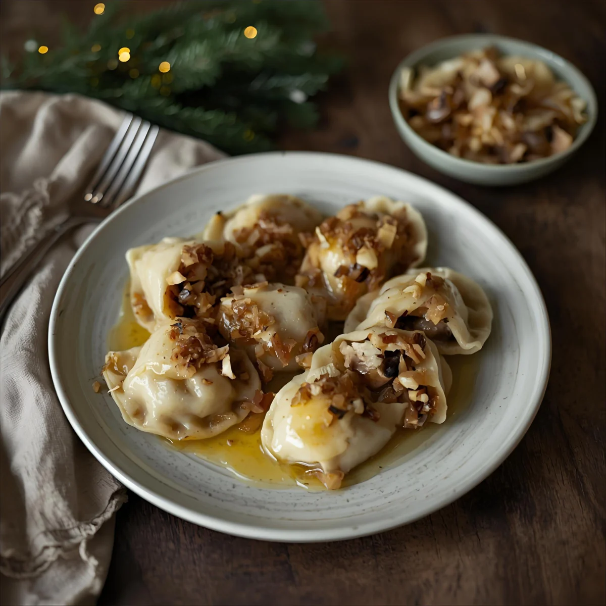 Pierogi z kapustą i grzybami polane masłem i cebulką na białym talerzu na drewnianym stole