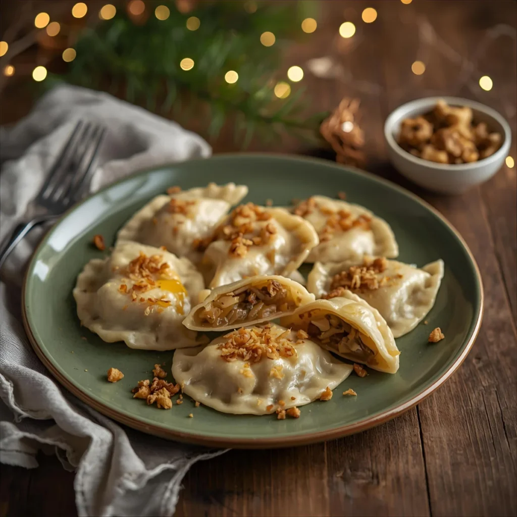 Pierogi z kapustą i grzybami na zielonym talerzu z podsmażoną cebulką