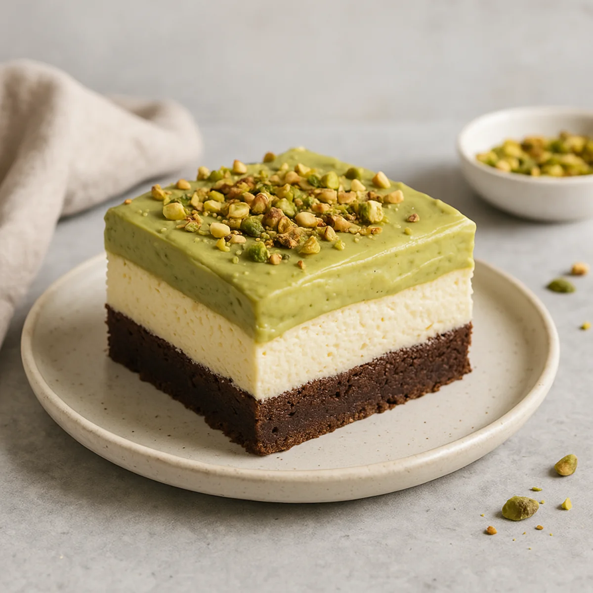 Kawałek sernika na spodzie brownie z kremem pistacjowym na jasnym talerzu, posypany pistacjami