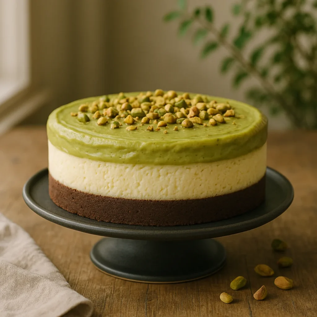 Cały sernik na spodzie brownie z kremem pistacjowym na czarnej paterze, w tle zielona gałązka