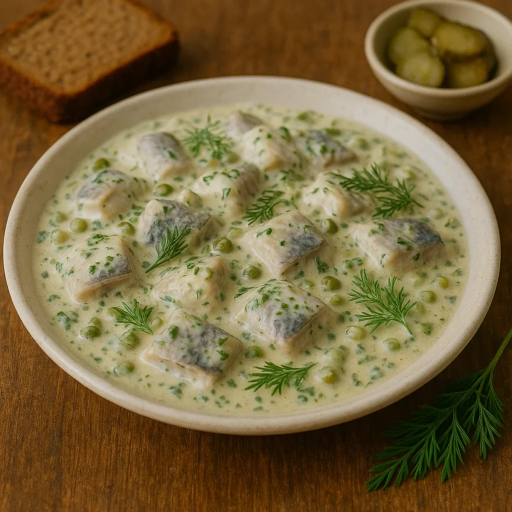 Śledzie w sosie tatarskim na płaskim talerzu z koperkiem i groszkiem na drewnianym stole