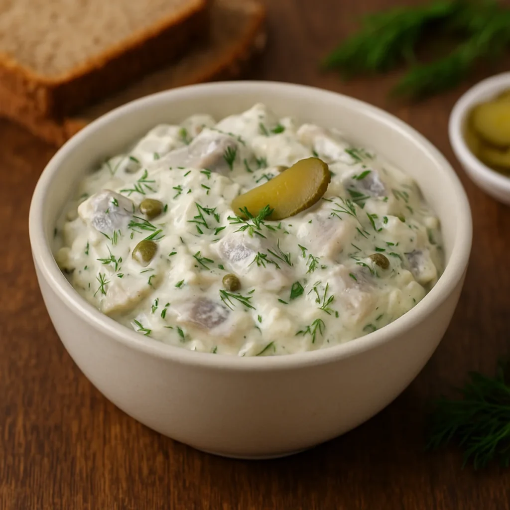 Śledzie w sosie tatarskim w jasnej misce, udekorowane koperkiem i ogórkiem kiszonym na drewnianym stole