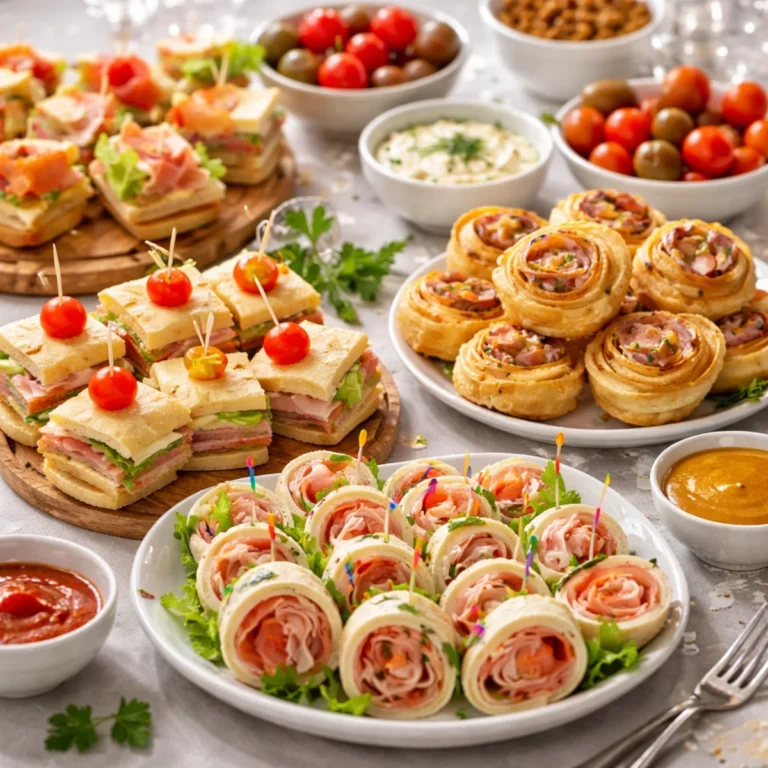 Sylwestrowe finger food na stole: roladki z tortilli, mini kanapki i ślimaczki z ciasta francuskiego z dipami