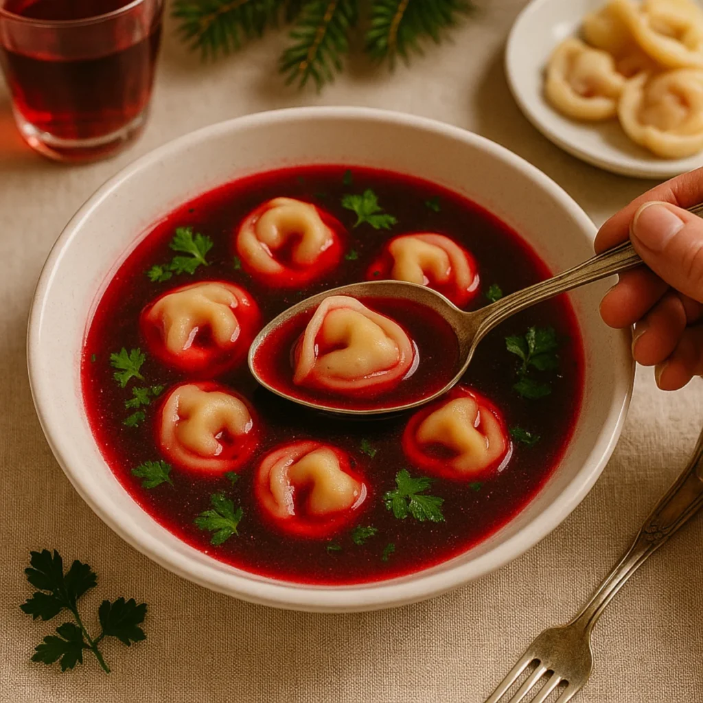 Barszcz czerwony z uszkami na Wigilię, łyżka z uszkiem nad miską, świąteczny klimat