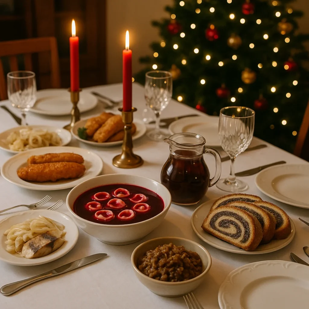 Tradycyjny stół wigilijny z barszczem, rybą, śledziami i makowcem na tle choinki