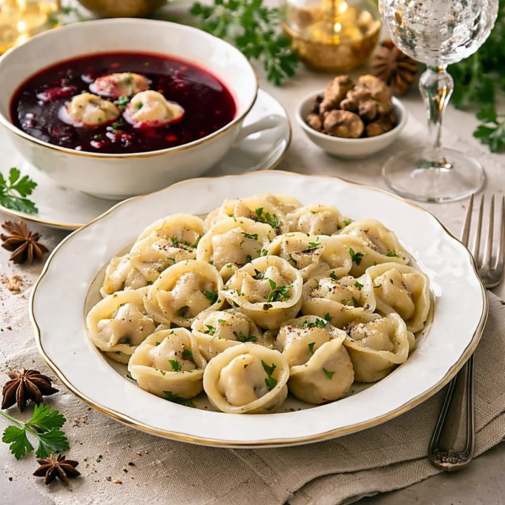 Uszka z grzybami na eleganckim talerzu obok miseczki barszczu czerwonego, świąteczne podanie