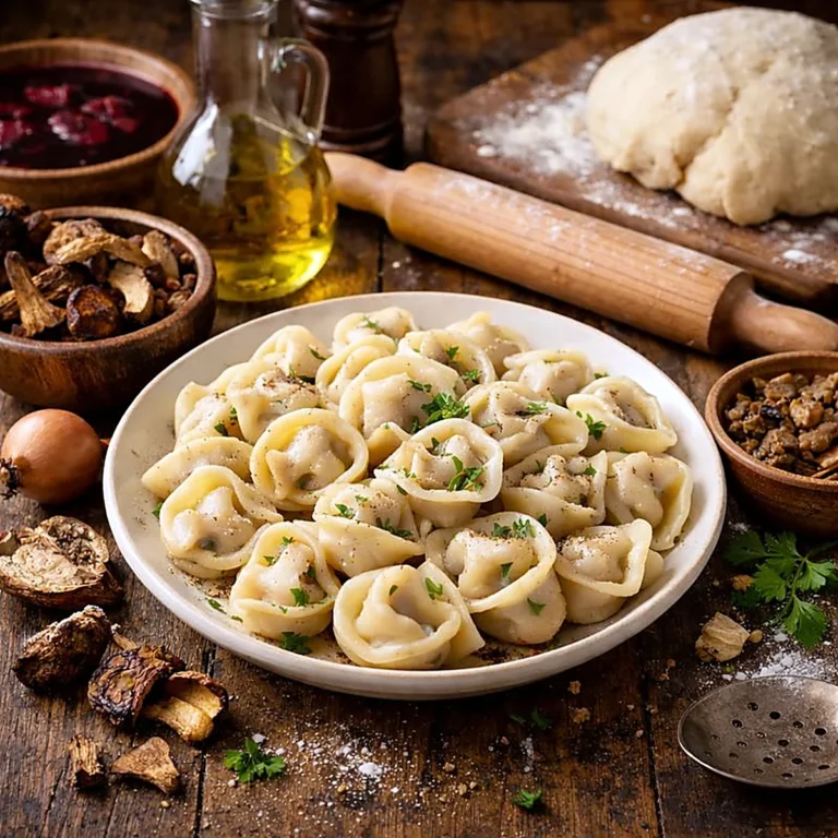 Uszka z grzybami na talerzu na drewnianym stole, w tle wałek, ciasto i suszone grzyby